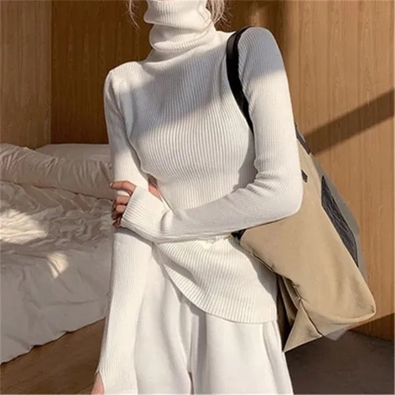 Women's Ribbed Turtleneck Jumper Soft Stretch Knit Slim