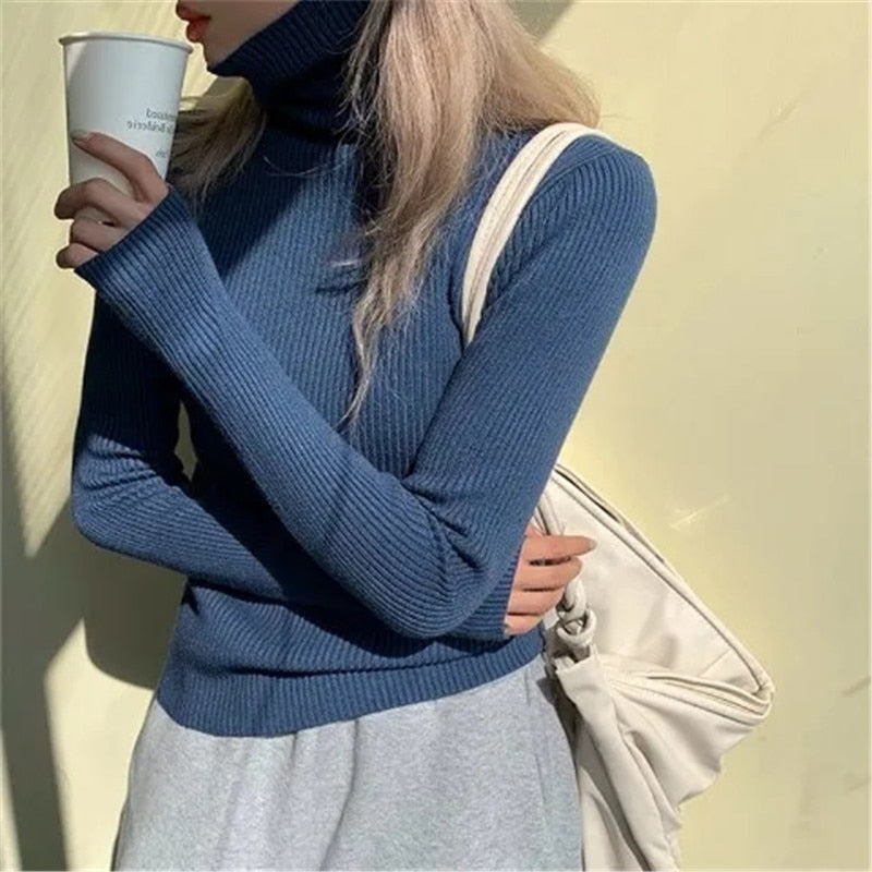 Women's Ribbed Turtleneck Jumper Soft Stretch Knit Slim