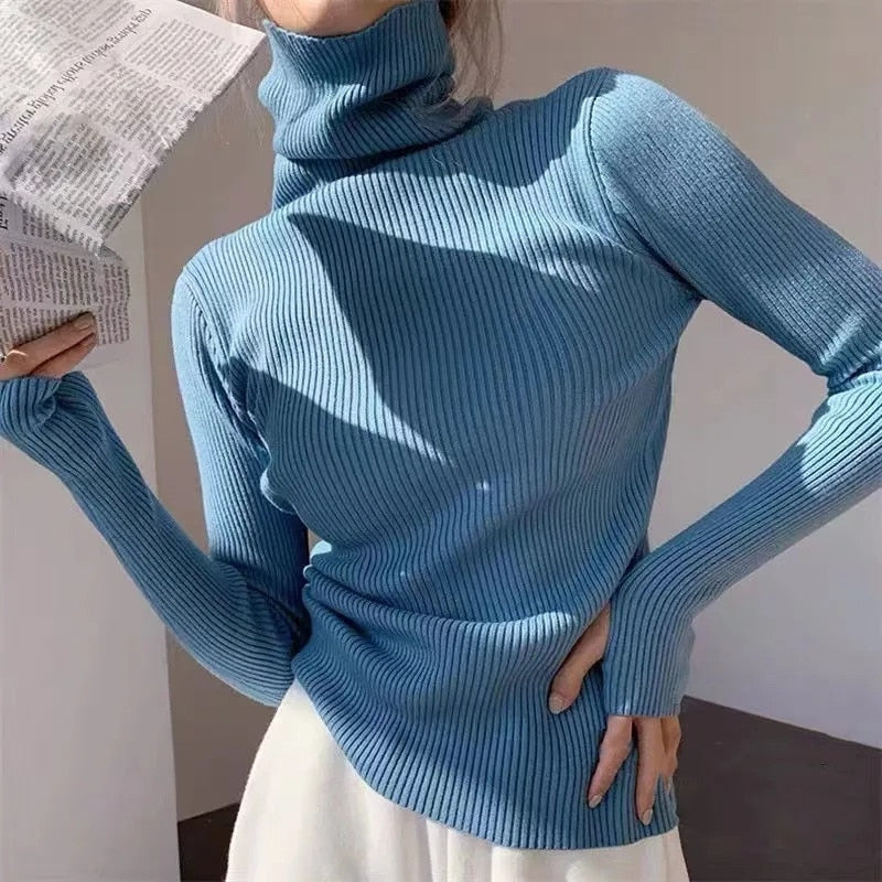 Women's Ribbed Turtleneck Jumper Soft Stretch Knit Slim