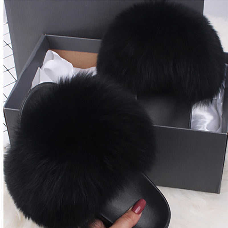 Women's Fluffy Faux Fur Slippers Soft Plush Slide