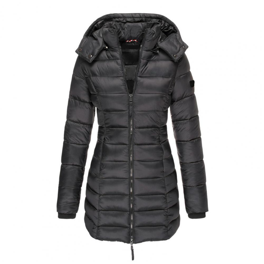 Women's Fitted Long Padded Coat with Attached Hood - Black