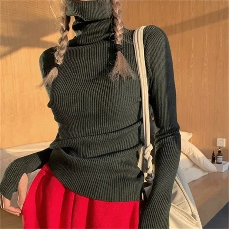 Women's Ribbed Turtleneck Jumper Soft Stretch Knit Slim