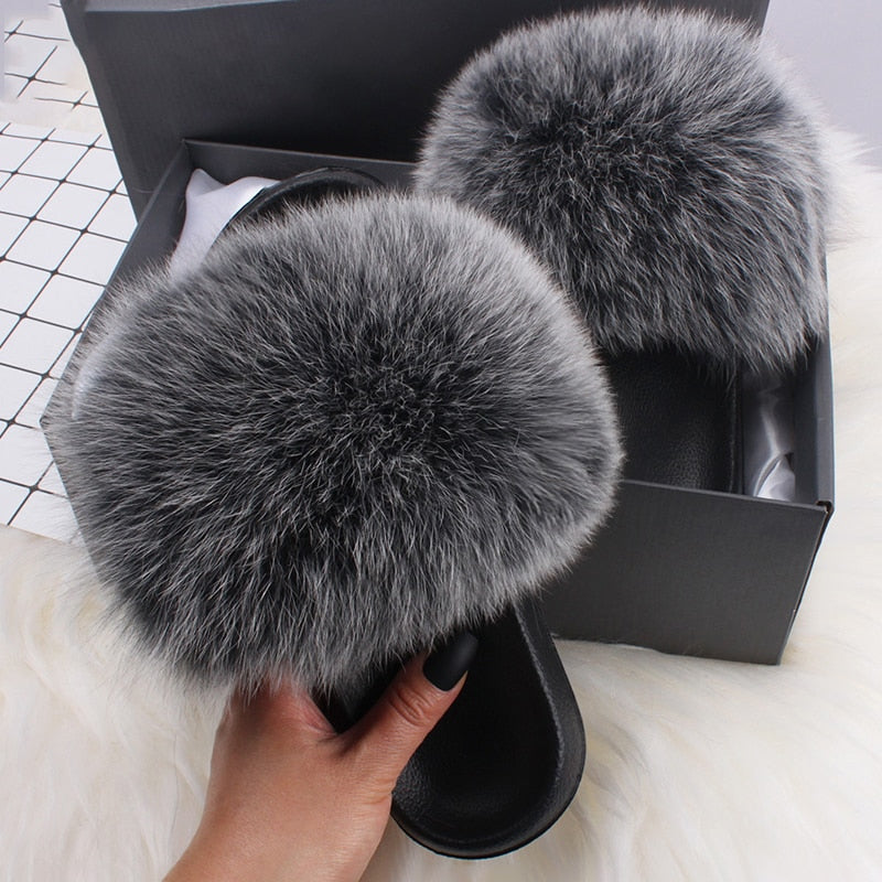 Women's Fluffy Faux Fur Slippers Soft Plush Slide