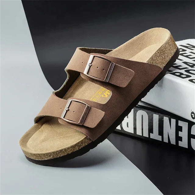 Men's Sandals Double Buckle Cork Footbed Casual Summer Slides