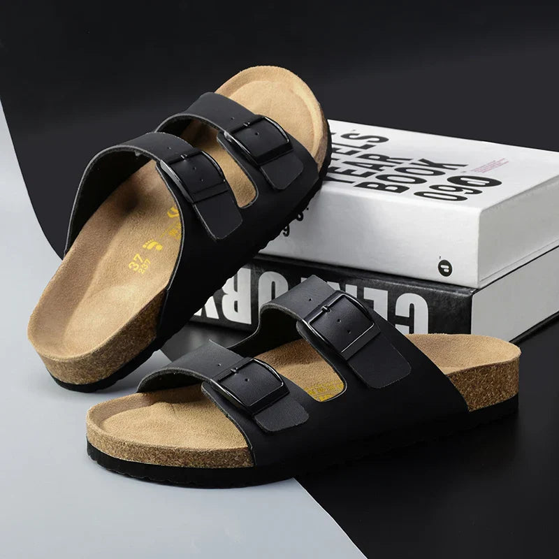 Men's Sandals Double Buckle Cork Footbed Casual Summer Slides