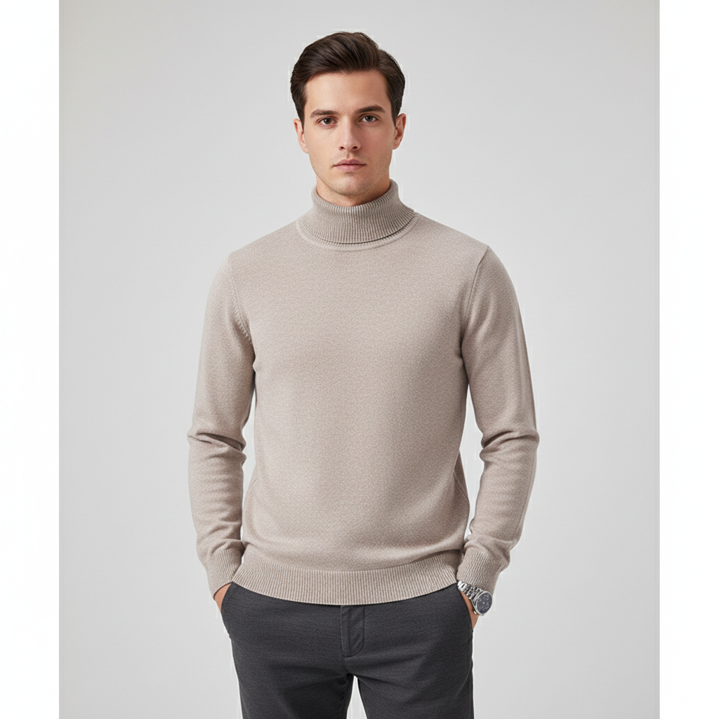 Men's Fine Gauge Turtleneck Sweater with Ribbed Finishes