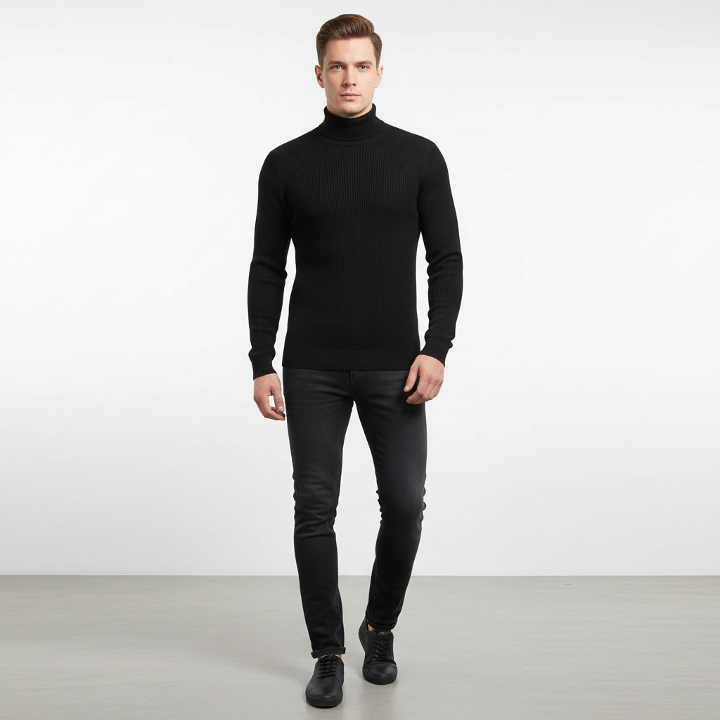 Men's Fine Gauge Turtleneck Sweater with Ribbed Finishes