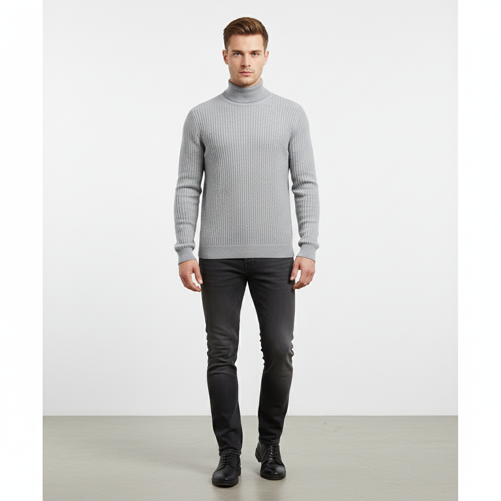 Men's Fine Gauge Turtleneck Sweater with Ribbed Finishes