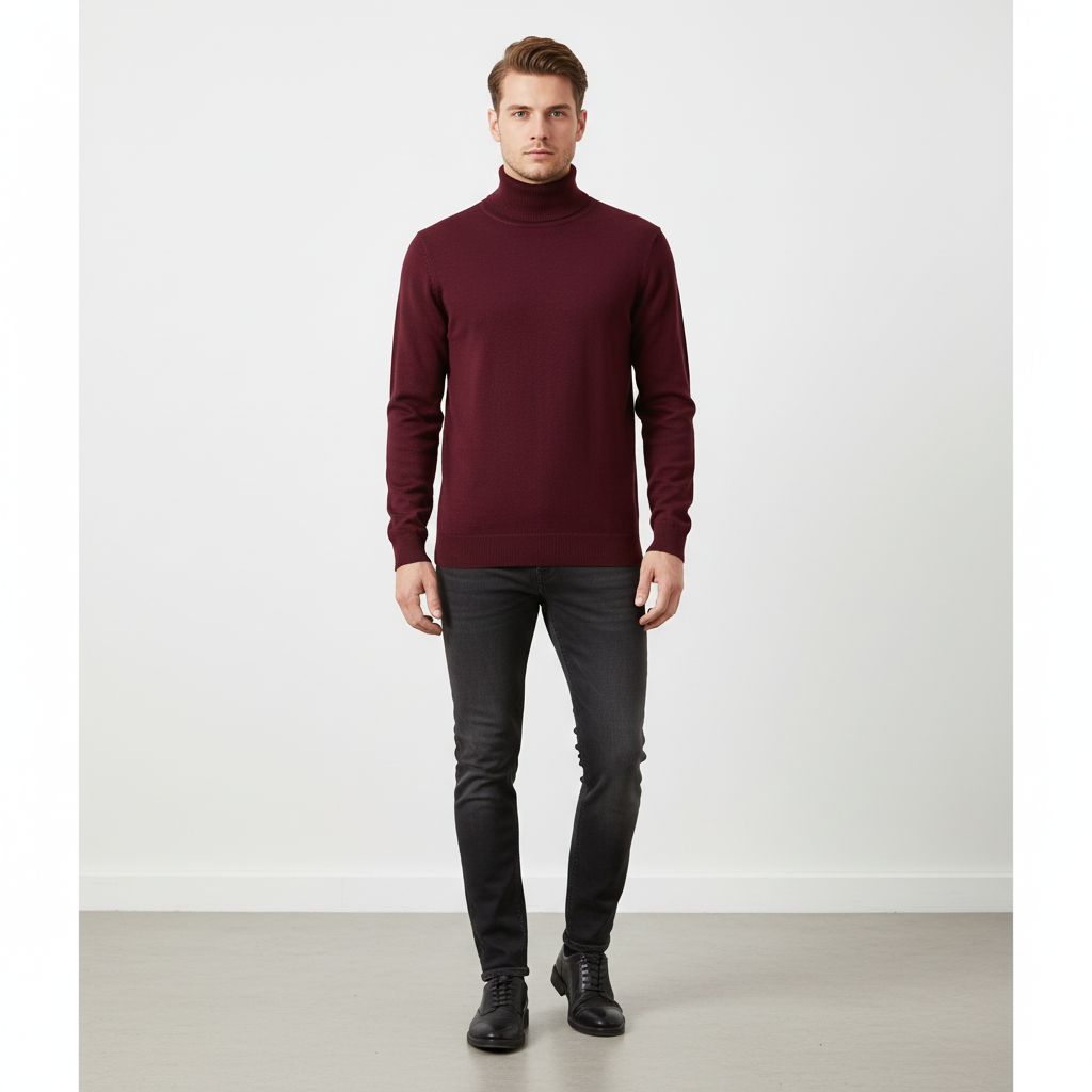 Men's Fine Gauge Turtleneck Sweater with Ribbed Finishes