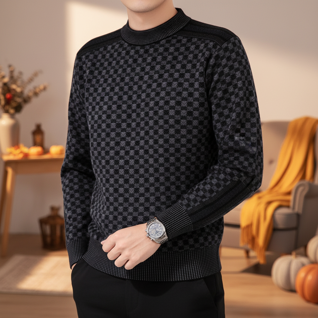 Men's Printed Crew Neck Sweater with Ribbed Trim
