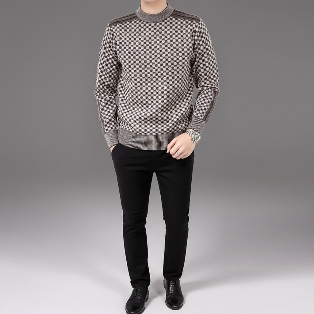 Men's Printed Crew Neck Sweater with Ribbed Trim