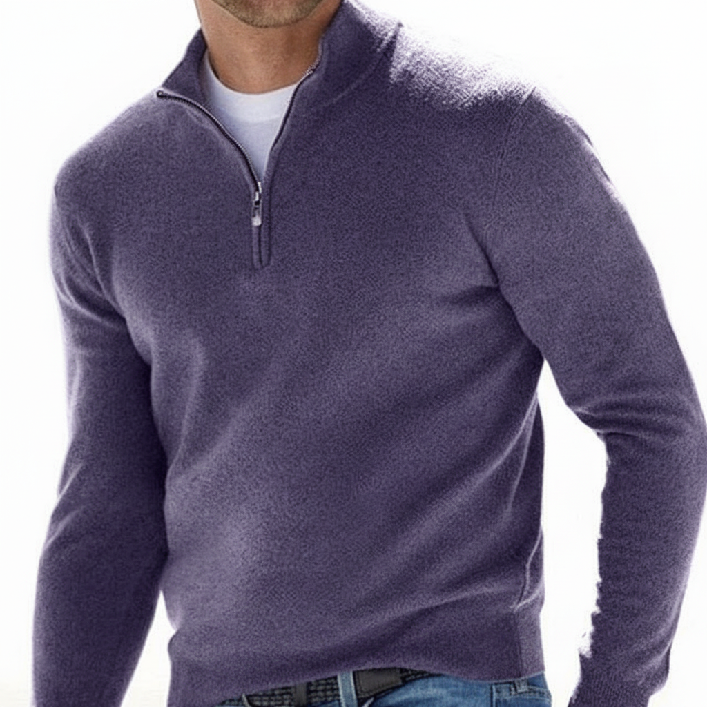 Men's Fine Knit Quarter Zip Sweater with Ribbed Collar