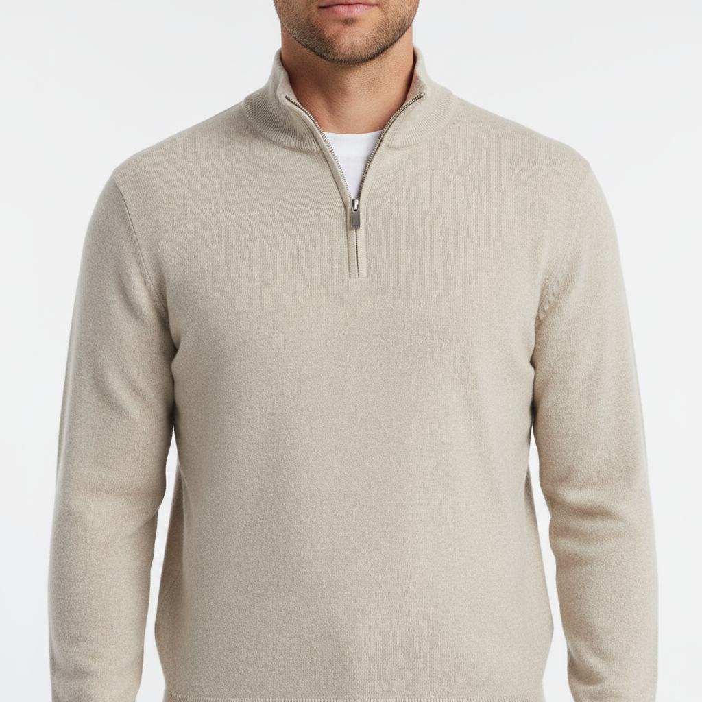 Men's Fine Knit Quarter Zip Sweater with Ribbed Collar