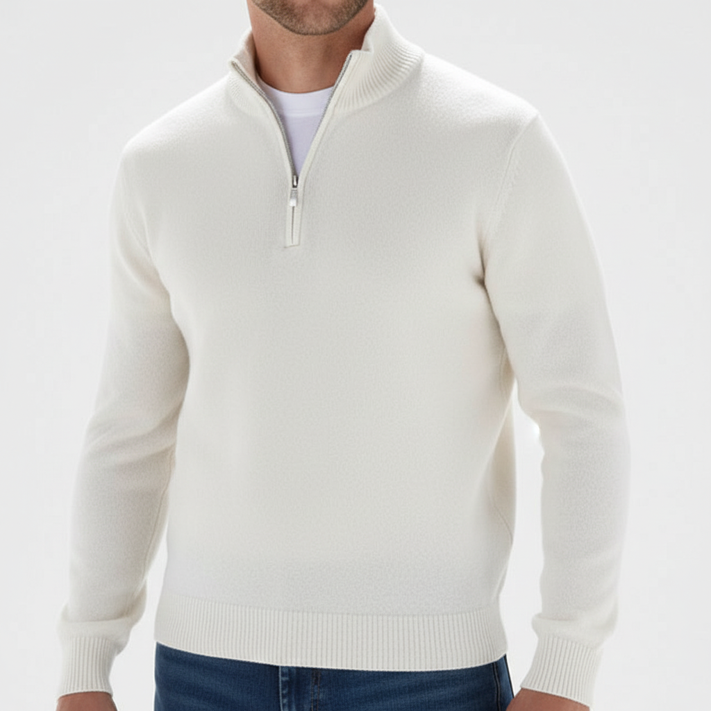 Men's Fine Knit Quarter Zip Sweater with Ribbed Collar