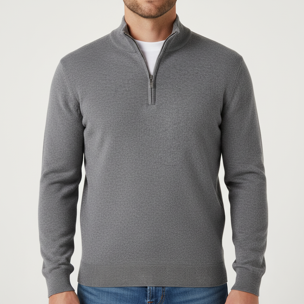 Men's Fine Knit Quarter Zip Sweater with Ribbed Collar