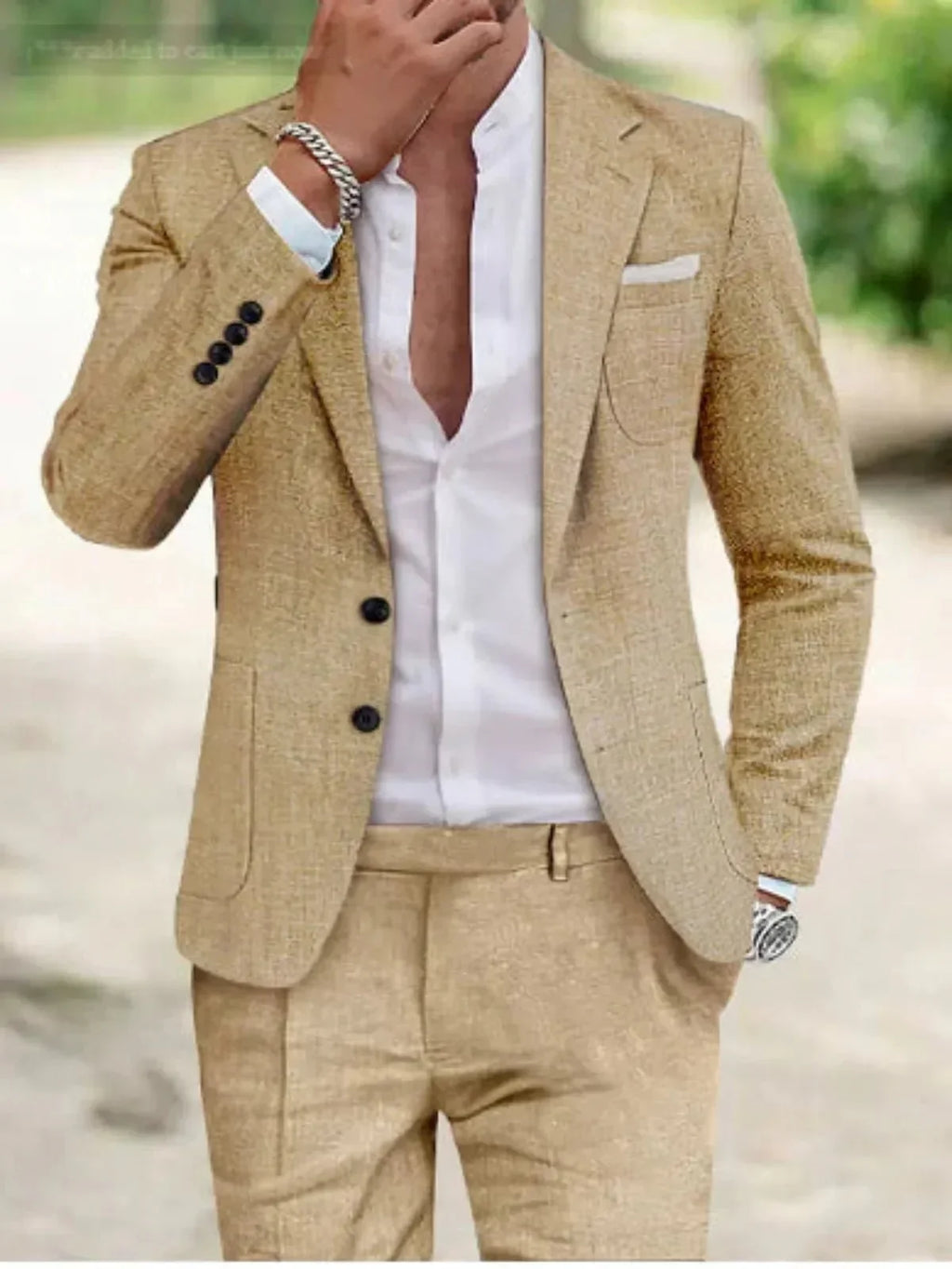 Men's Two Piece Wedding Linnen Suit Tailored Two Button
