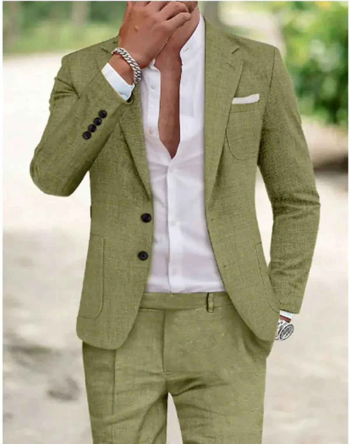 Men's Two Piece Wedding Linnen Suit Tailored Two Button