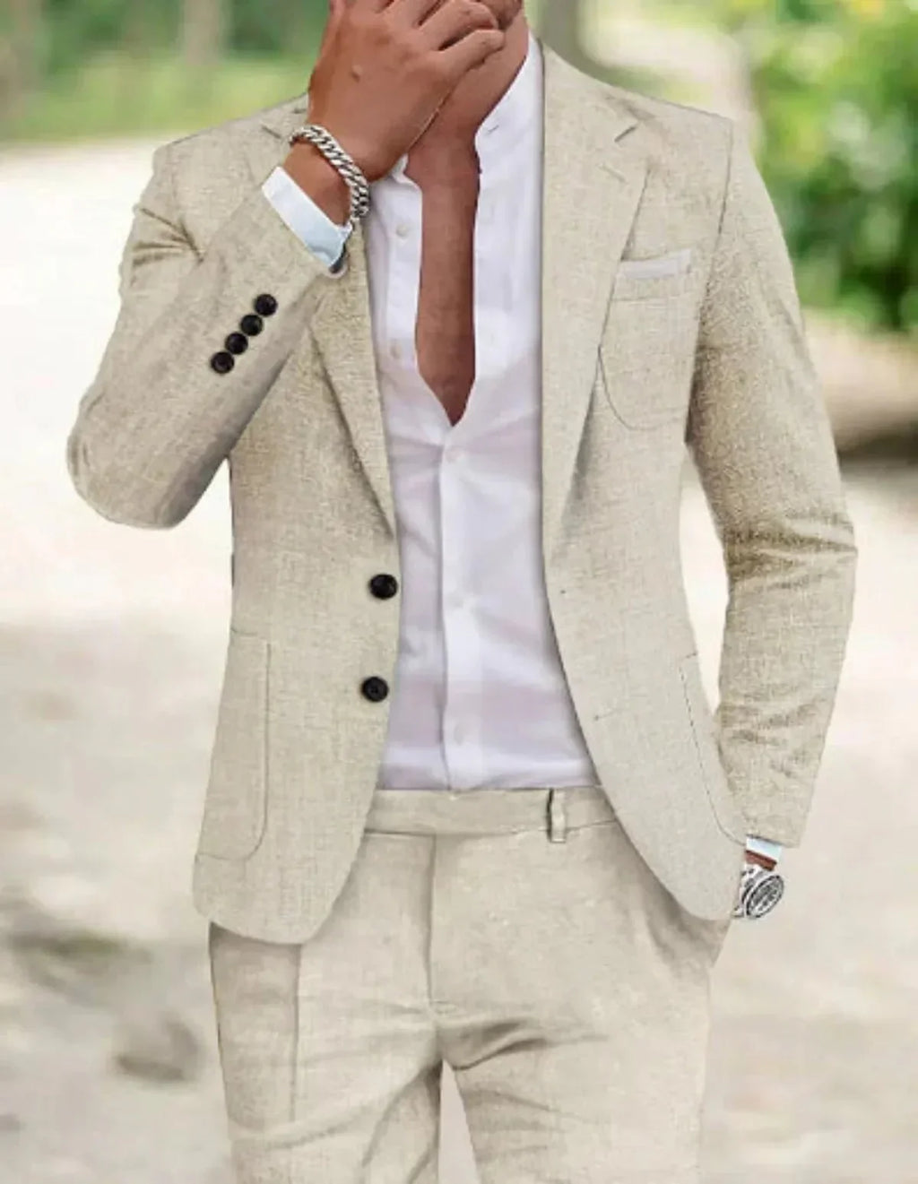 Men's Two Piece Wedding Linnen Suit Tailored Two Button