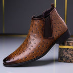 Men's Ostrich Embossed Leather Chelsea Boots Textured Slip On