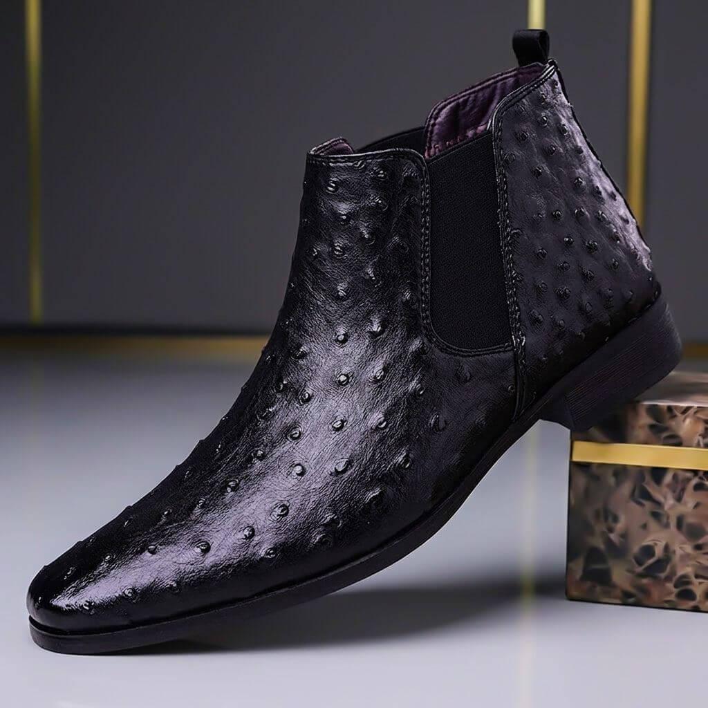 Men's Ostrich Embossed Leather Chelsea Boots Textured Slip On