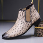 Men's Ostrich Embossed Leather Chelsea Boots Textured Slip On