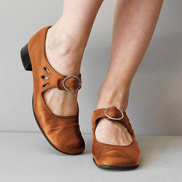 Women's Buckle Strap Leather Mary Janes with Modest Heel - Khaki