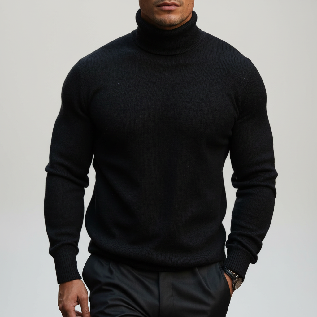 Men's Fine Knit Turtleneck Sweater with Ribbed Edges