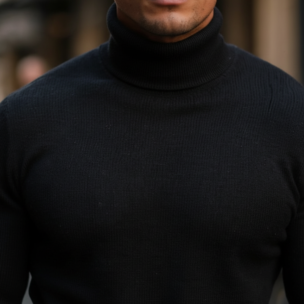 Men's Fine Knit Turtleneck Sweater with Ribbed Edges