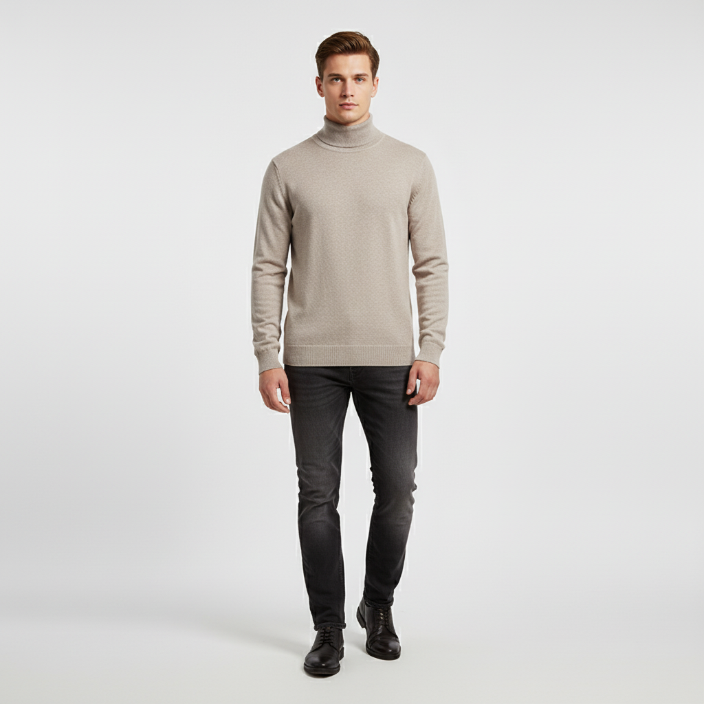 Men's Fine Knit Turtleneck Sweater with Ribbed Edges