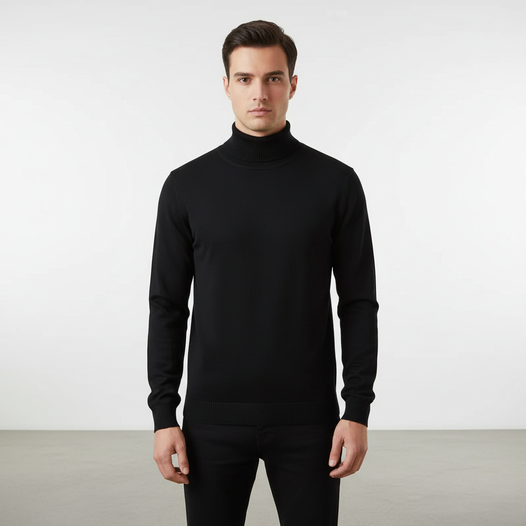 Men's Fine Knit Turtleneck Sweater with Ribbed Edges