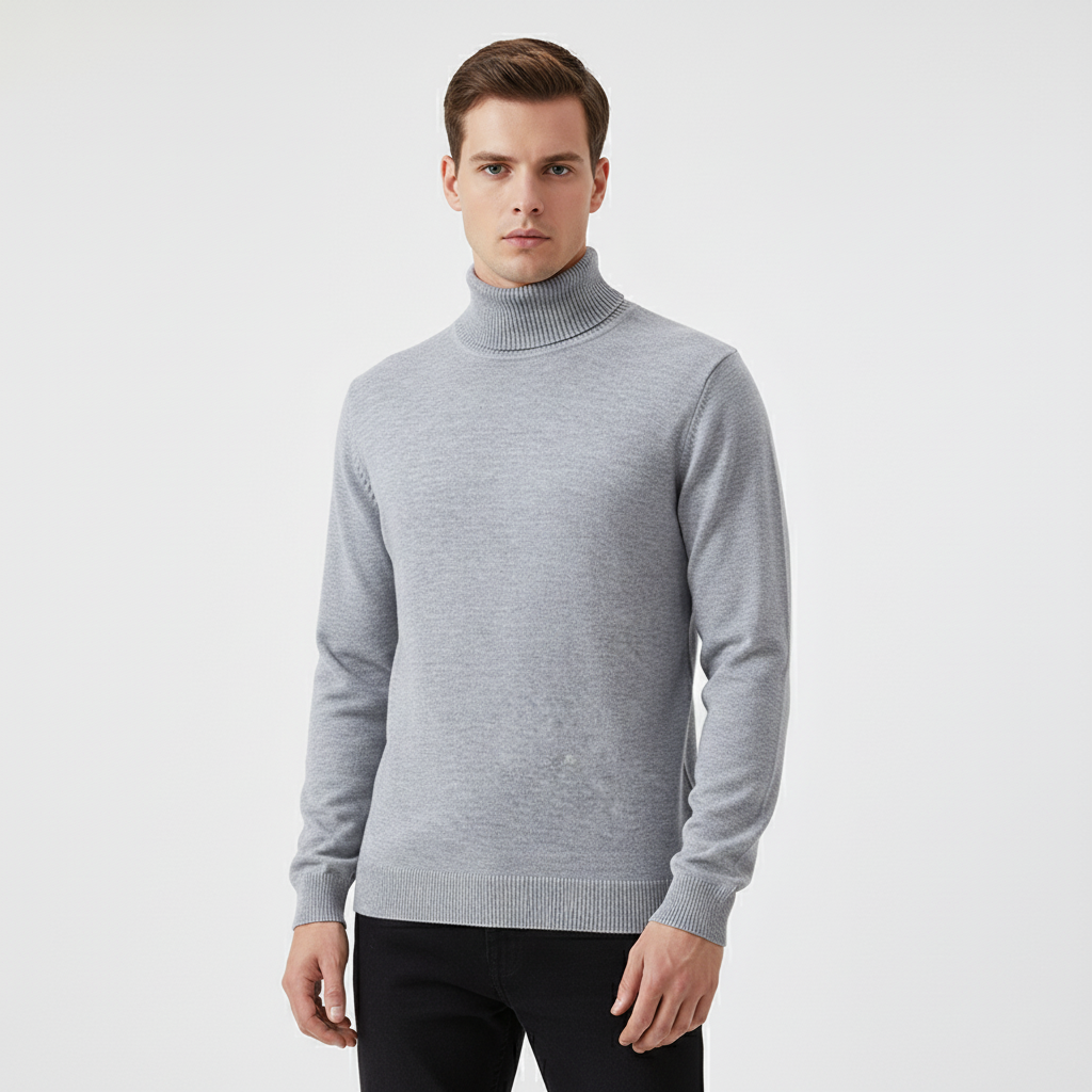 Men's Fine Knit Turtleneck Sweater with Ribbed Edges