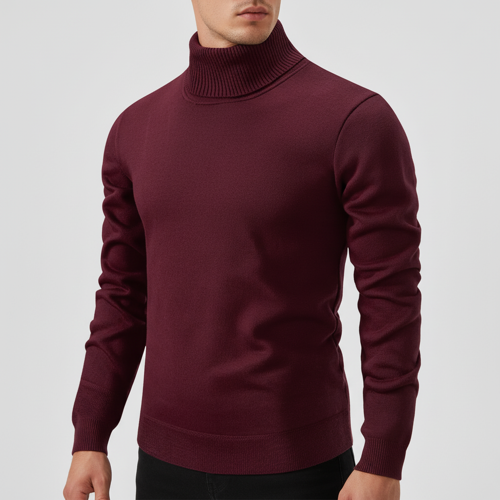 Men's Fine Knit Turtleneck Sweater with Ribbed Edges