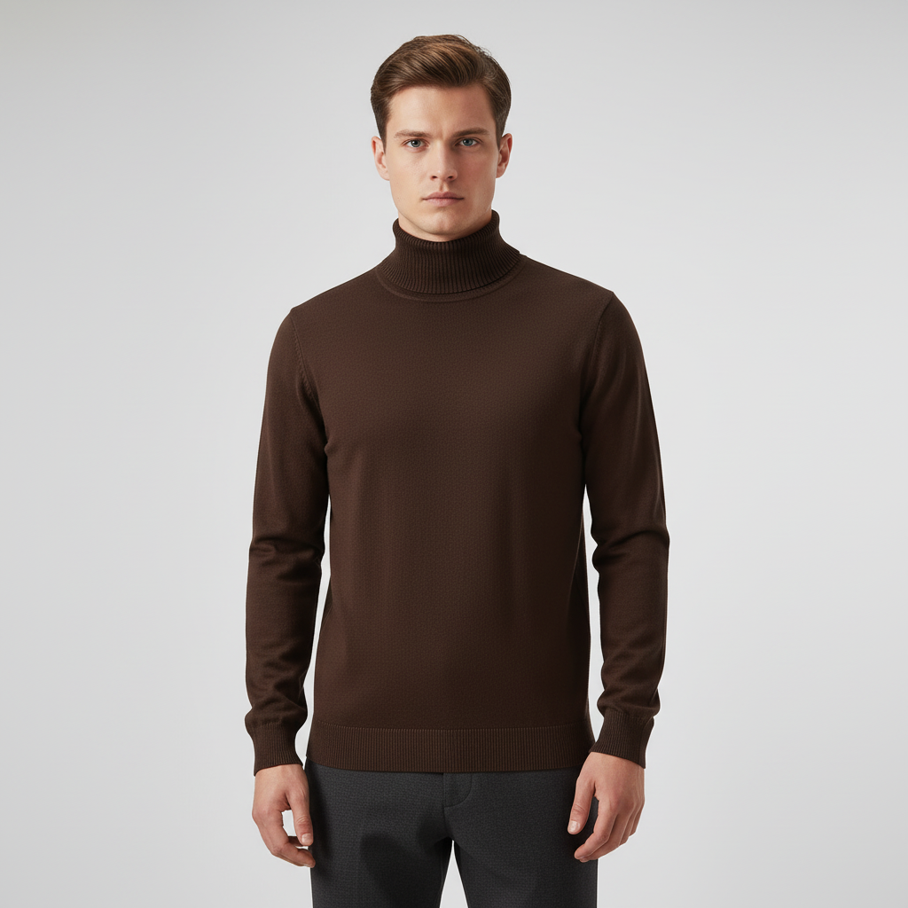 Men's Fine Knit Turtleneck Sweater with Ribbed Edges