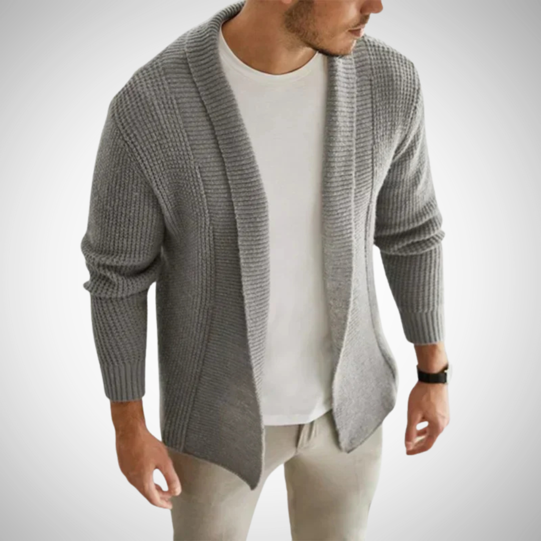 Men's Open Front Knit Cardigan Textured Shawl Collar Layer