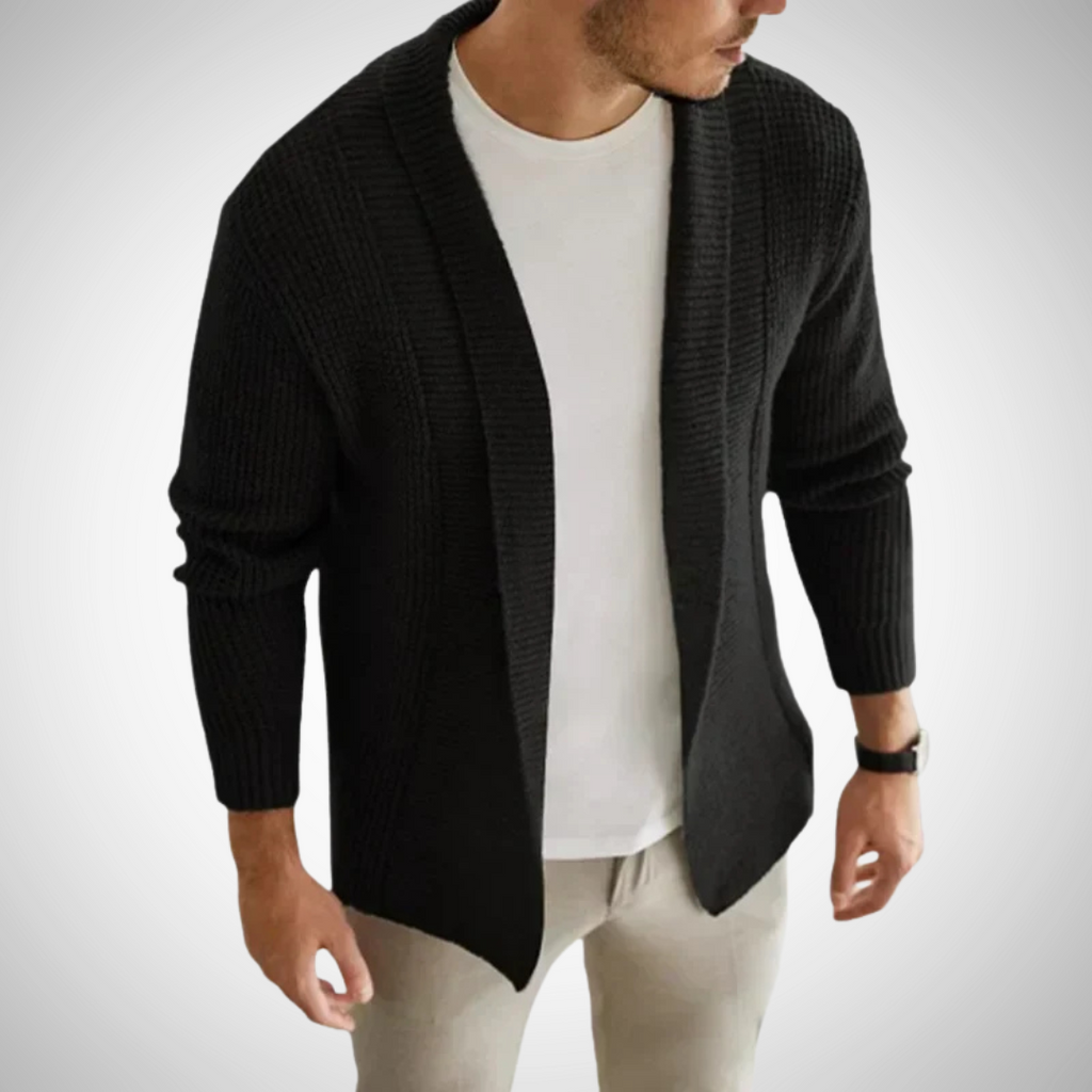 Men's Open Front Knit Cardigan Textured Shawl Collar Layer