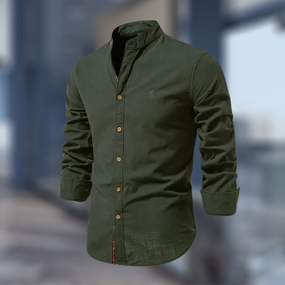 Men's Minimalist Stand-Collar Button-Up Shirt in Soft Cotton - Dark Green