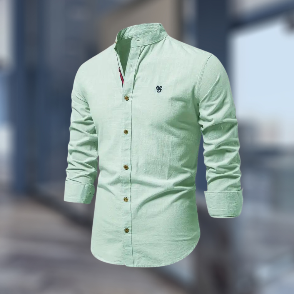 Men's Minimalist Stand-Collar Button-Up Shirt in Soft Cotton - Light Green