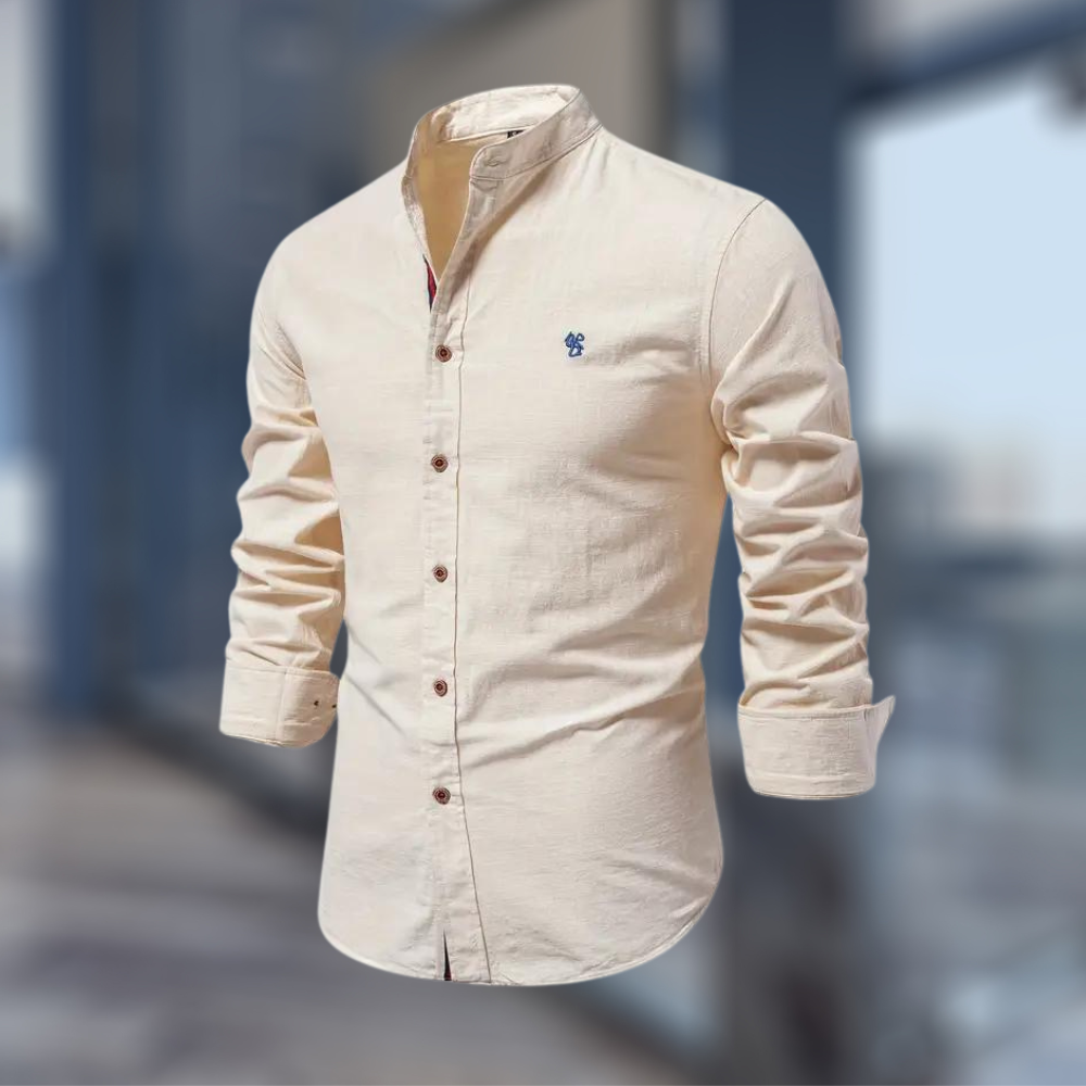 Men's Minimalist Stand-Collar Button-Up Shirt in Soft Cotton - Beige