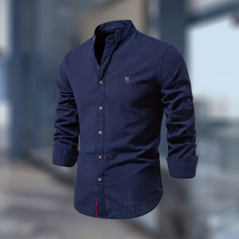 Men's Minimalist Stand-Collar Button-Up Shirt in Soft Cotton - Navy