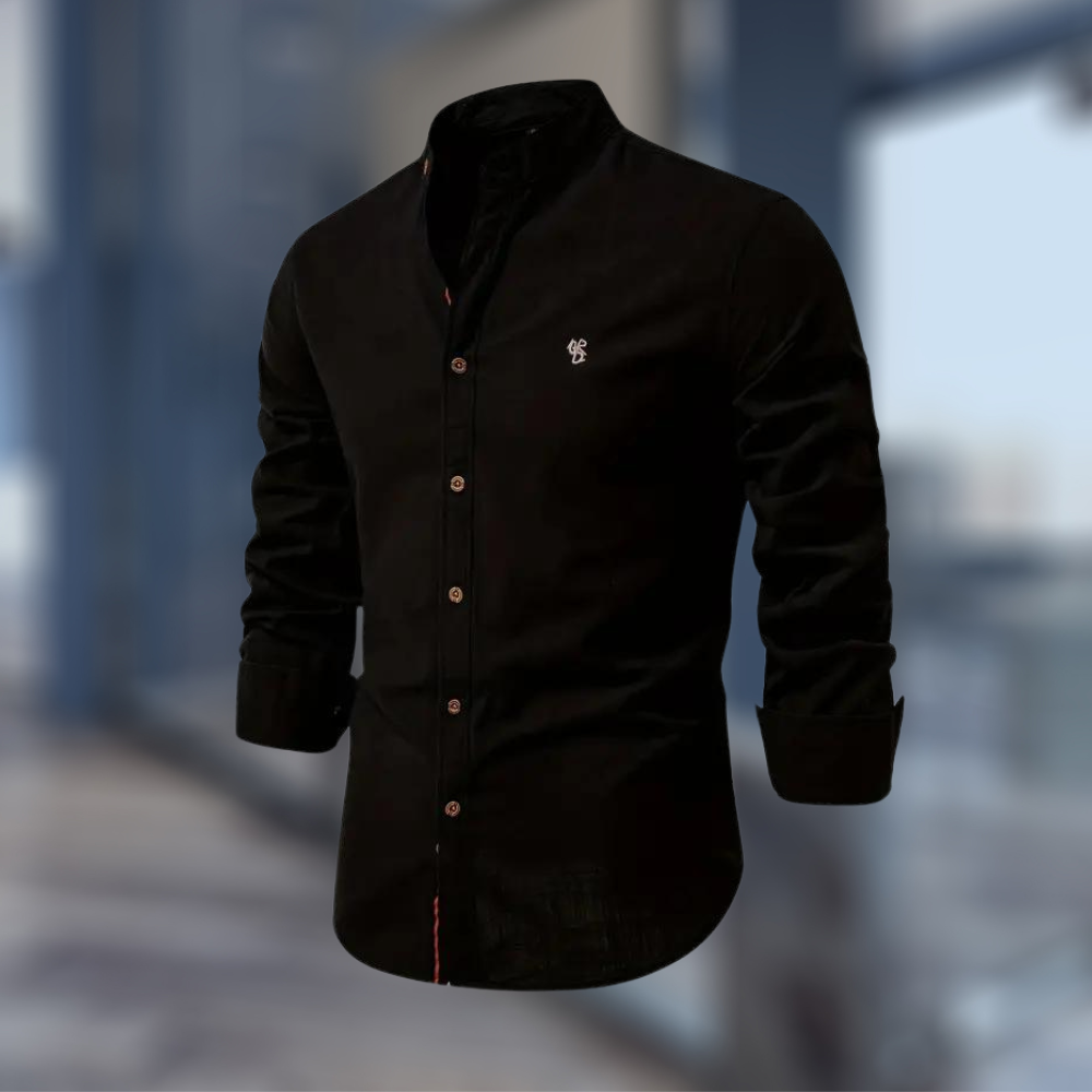 Men's Minimalist Stand-Collar Button-Up Shirt in Soft Cotton - Black