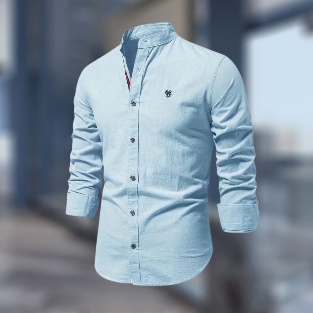 Men's Minimalist Stand-Collar Button-Up Shirt in Soft Cotton - Light Blue