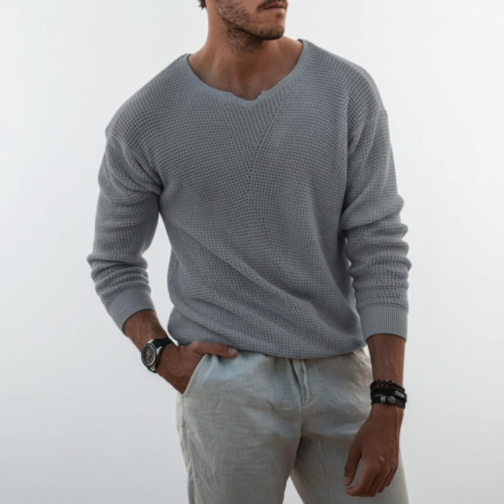 Men's Waffle Knit Sweater with Notched Crew Neck