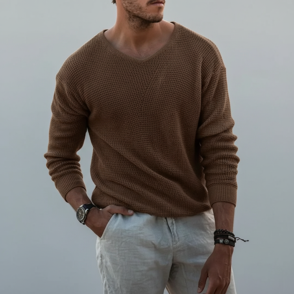 Men's Waffle Knit Sweater with Notched Crew Neck
