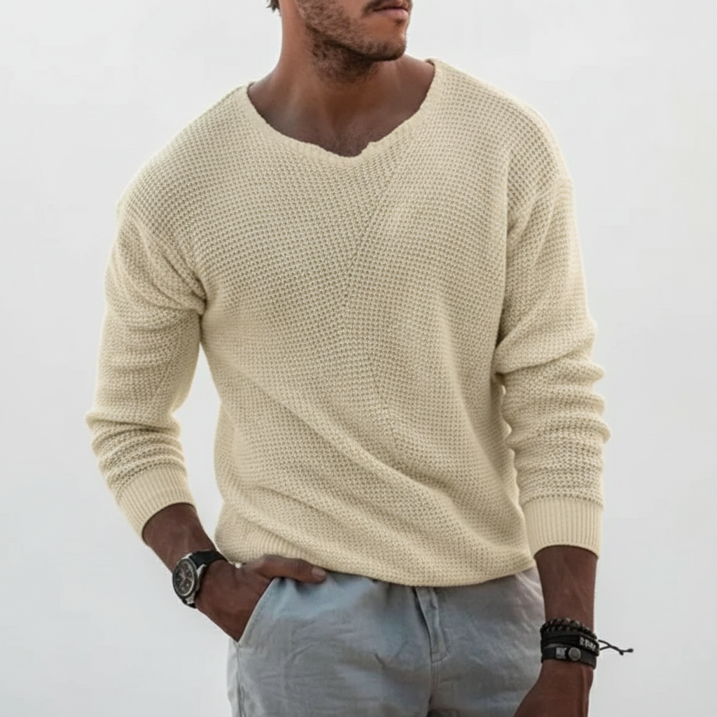 Men's Waffle Knit Sweater with Notched Crew Neck