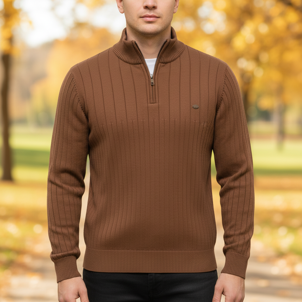 Men's Textured Half Zip Sweater with Raised Collar