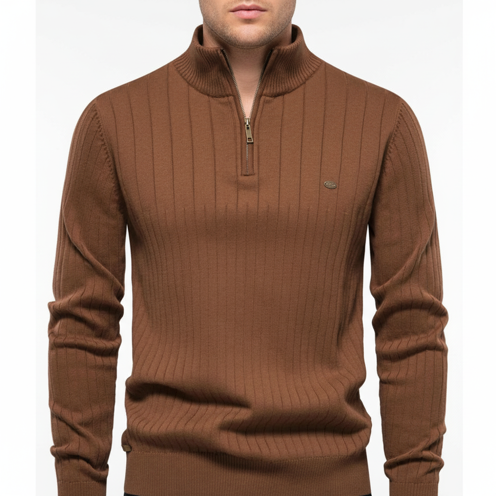 Men's Textured Half Zip Sweater with Raised Collar