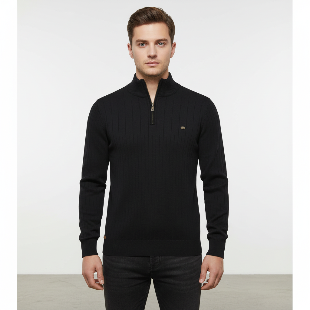 Men's Textured Half Zip Sweater with Raised Collar