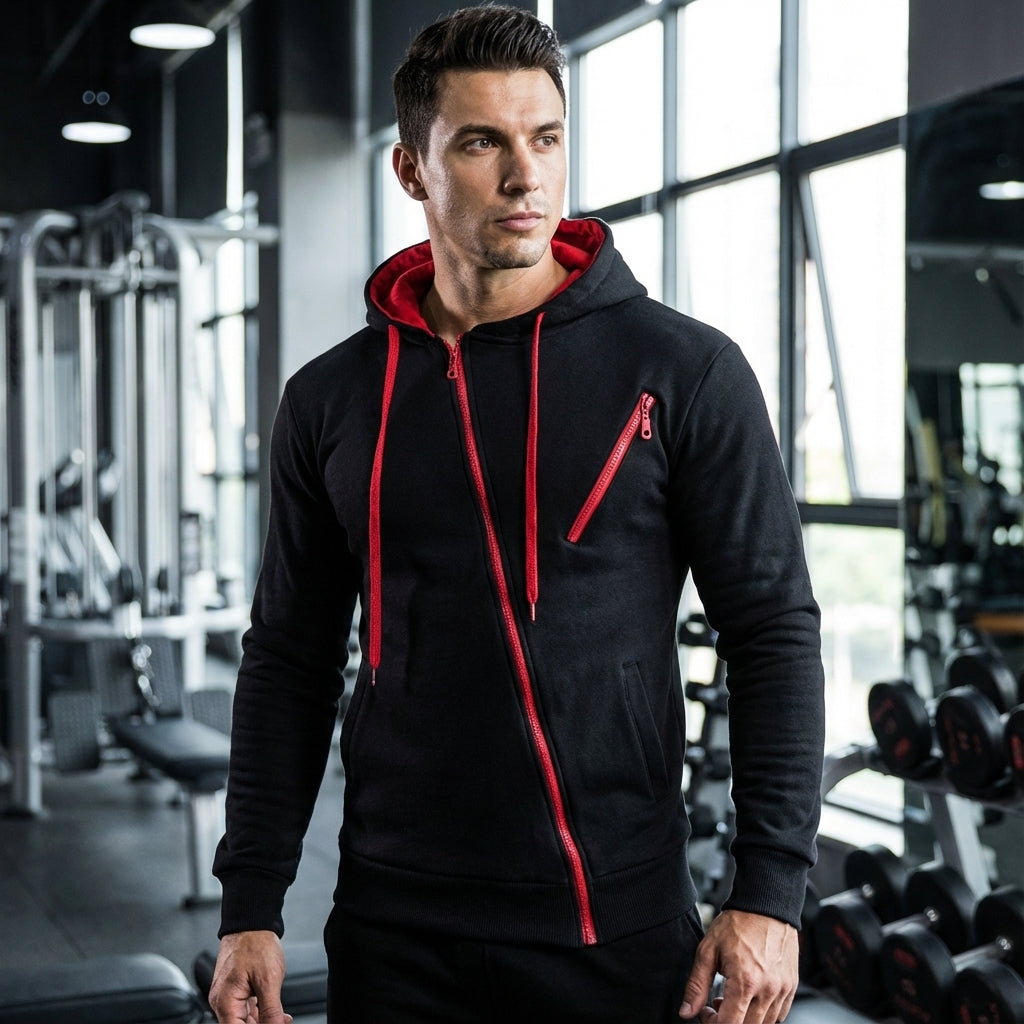 Men's Asymmetric Zip Hooded Training Jacket with Chest Pocket