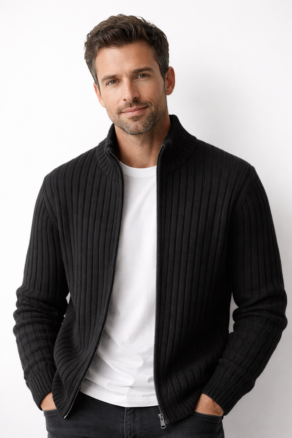 Men's Ribbed Zip Cardigan Stand Collar Knit Jacket