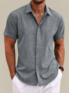 Men's Linen Short Sleeve Shirt Breathable Lightweight Button Up